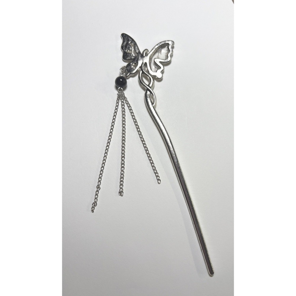 NEW Butterfly Hair Stick Women Silver Tassel Chain Bead Accessory - Picture 4 of 5
